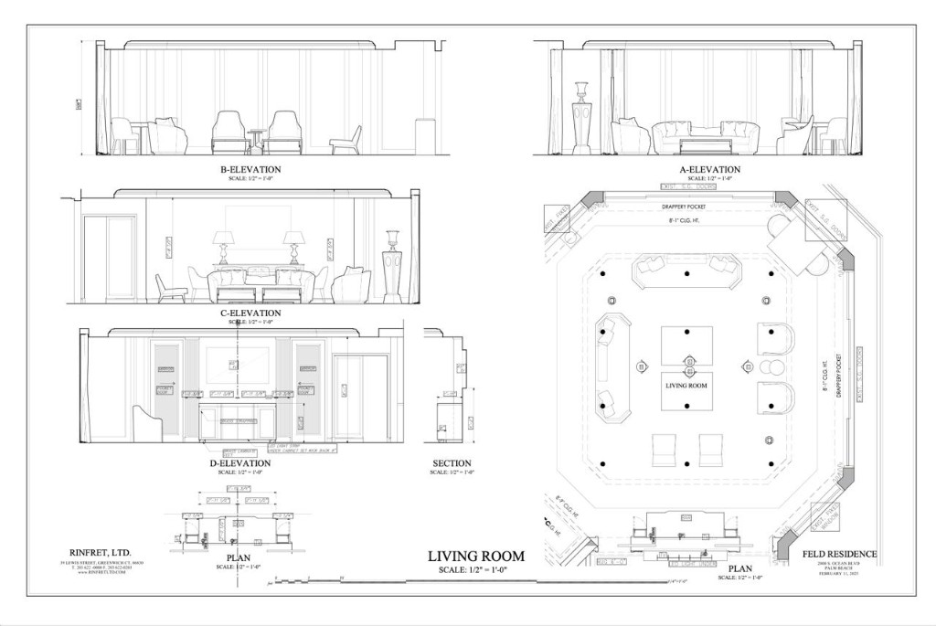 Living room blueprint — plan and elevations including TV wall, elevation D