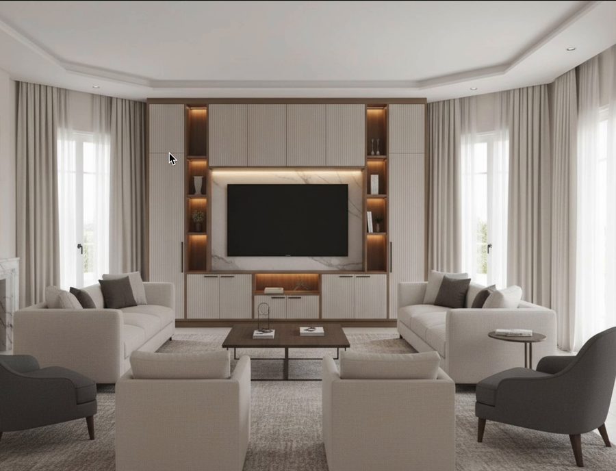 Concept render of the living room with built-in cabinetry, brass niche lighting and a marble TV recess