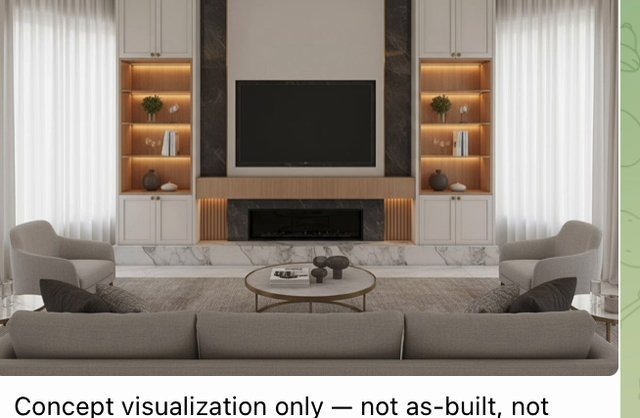 Second concept render showing the cabinetry with the central fireplace, TV recess and continuous marble base