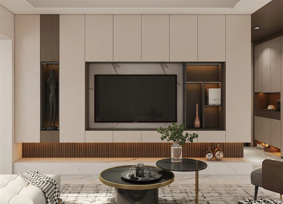 Cabinet and TV wall reference — built-ins, brass niches, niche lighting